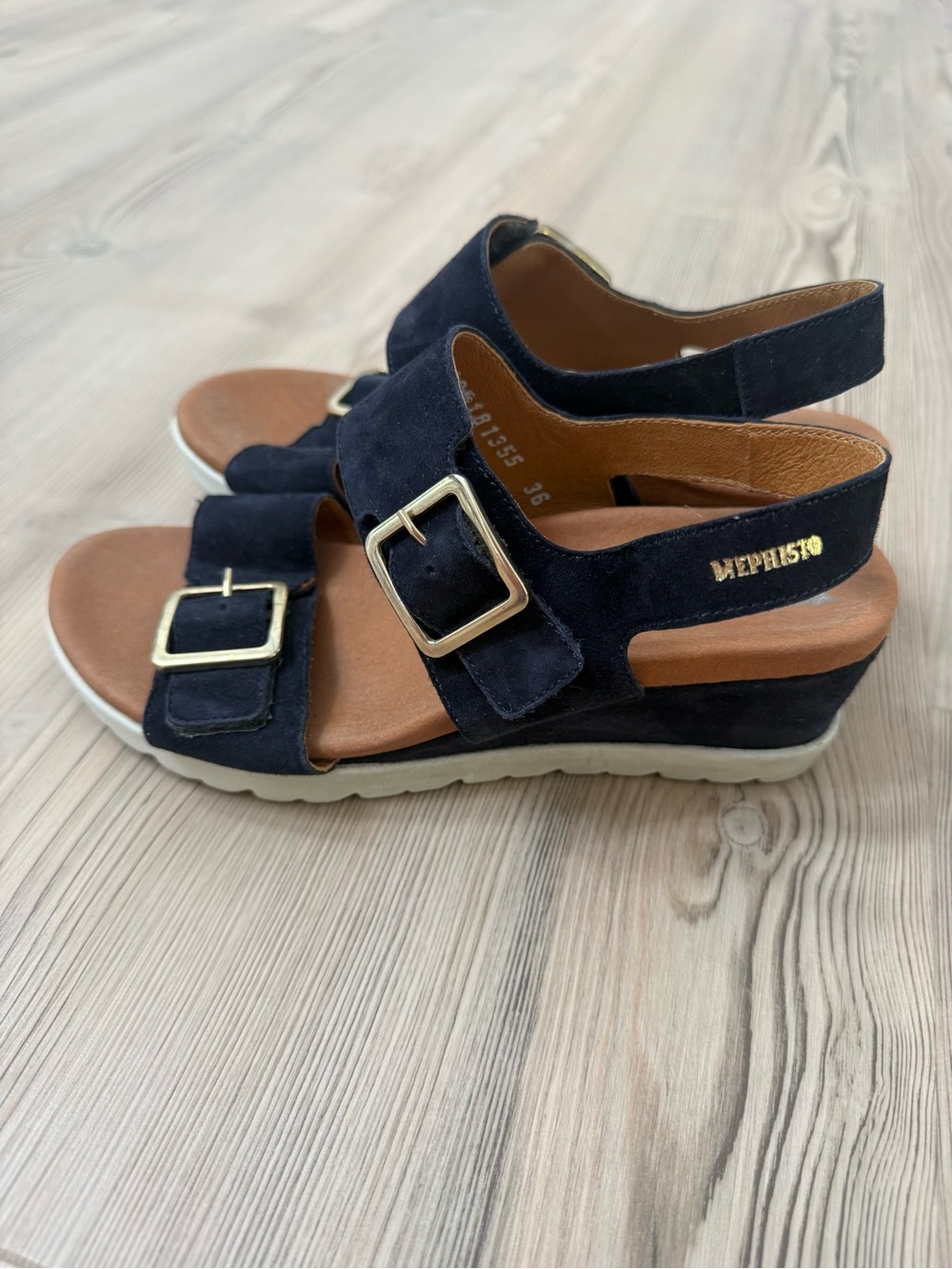 Mephisto Navy Cork Wedge Sandal with Gold Buckles - Picture 4 of 6